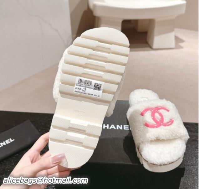 Good Quality Chanel Wool Fur Platform Slides Sandal White 909123