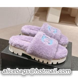 Top Grade Chanel Wool Fur Platform Slides Sandal Purple 909124