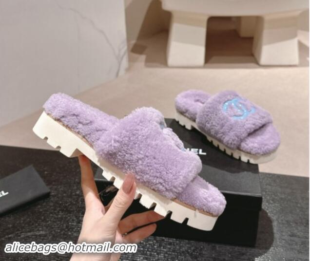 Top Grade Chanel Wool Fur Platform Slides Sandal Purple 909124