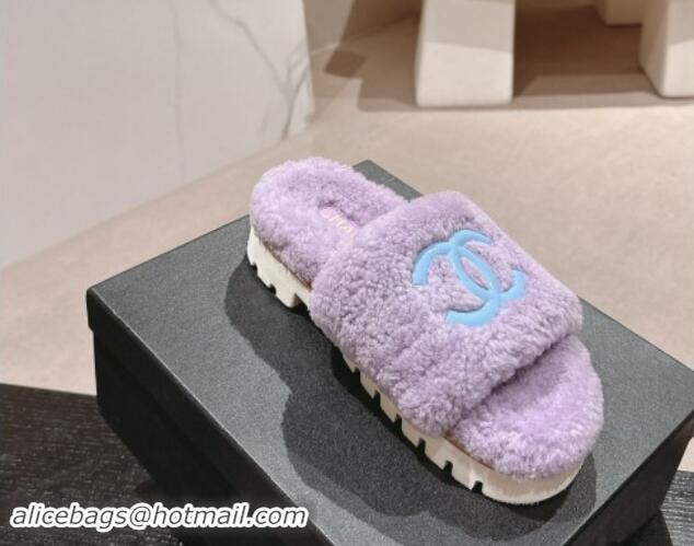 Top Grade Chanel Wool Fur Platform Slides Sandal Purple 909124