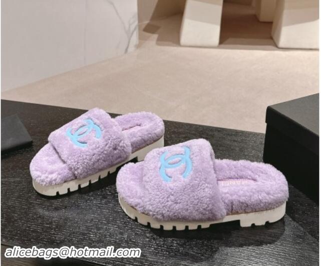 Top Grade Chanel Wool Fur Platform Slides Sandal Purple 909124