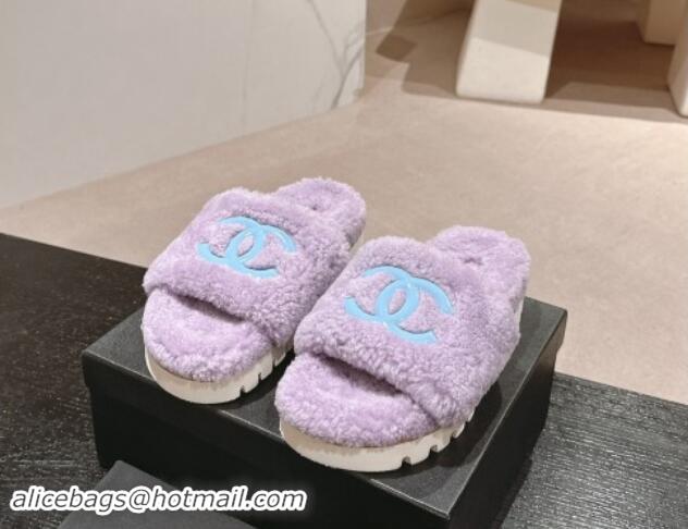 Top Grade Chanel Wool Fur Platform Slides Sandal Purple 909124