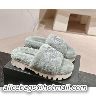 Perfect Chanel Wool Fur Platform Slides Sandal Dusty Green 909125