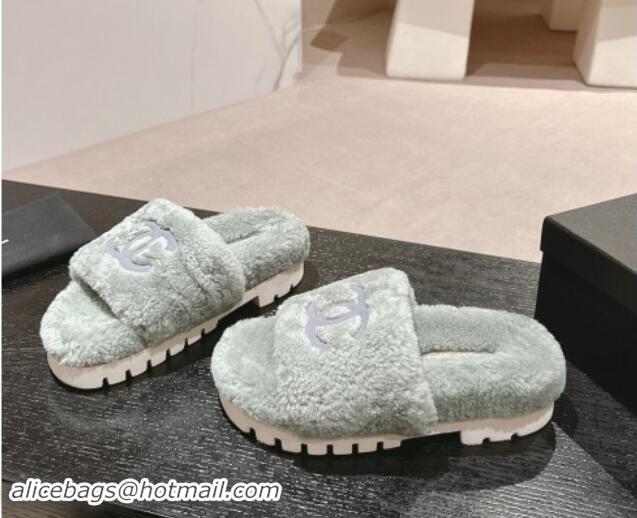 Perfect Chanel Wool Fur Platform Slides Sandal Dusty Green 909125