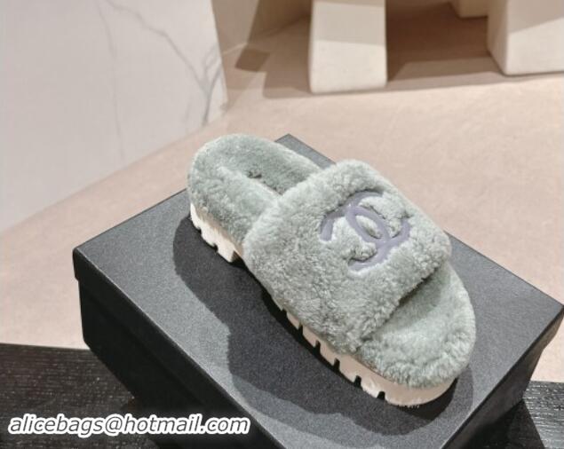 Perfect Chanel Wool Fur Platform Slides Sandal Dusty Green 909125