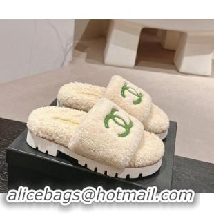 Purchase Chanel Wool Fur Platform Slides Sandal Beige 909126