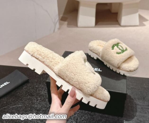 Purchase Chanel Wool Fur Platform Slides Sandal Beige 909126