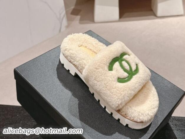 Purchase Chanel Wool Fur Platform Slides Sandal Beige 909126