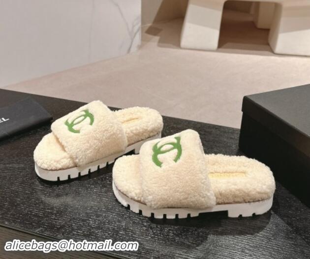 Purchase Chanel Wool Fur Platform Slides Sandal Beige 909126