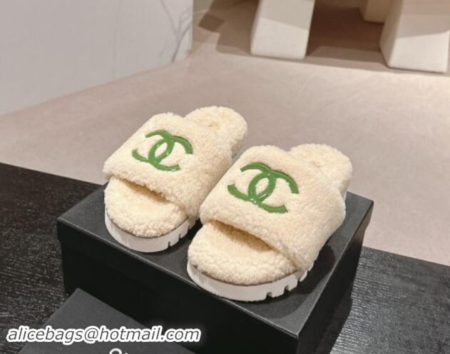 Purchase Chanel Wool Fur Platform Slides Sandal Beige 909126