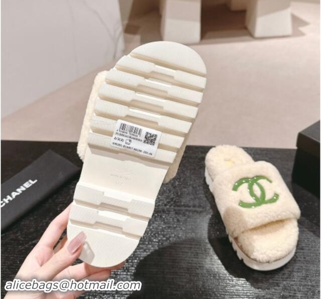 Purchase Chanel Wool Fur Platform Slides Sandal Beige 909126