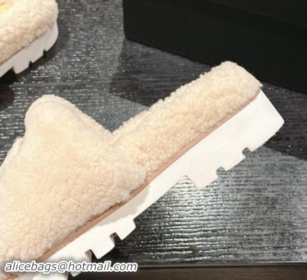 Purchase Chanel Wool Fur Platform Slides Sandal Beige 909126