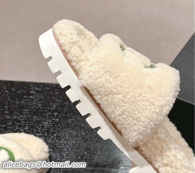 Purchase Chanel Wool Fur Platform Slides Sandal Beige 909126