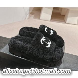 Luxury Cheap Chanel Wool Fur Platform Slides Sandal Black 909127