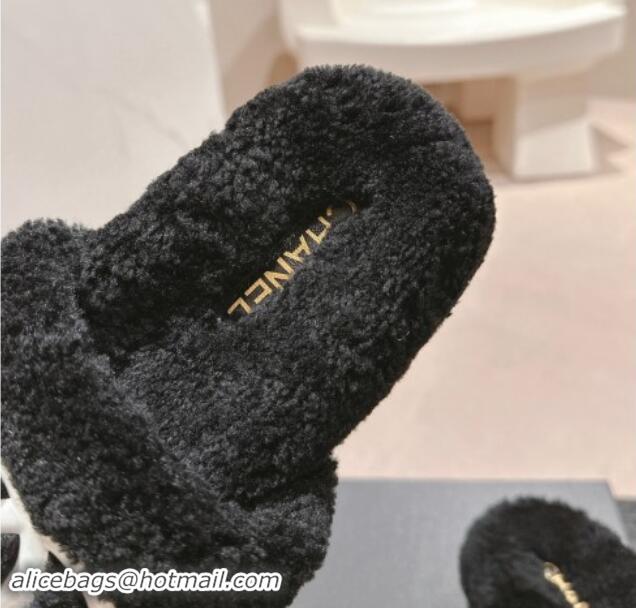 Luxury Cheap Chanel Wool Fur Platform Slides Sandal Black 909127