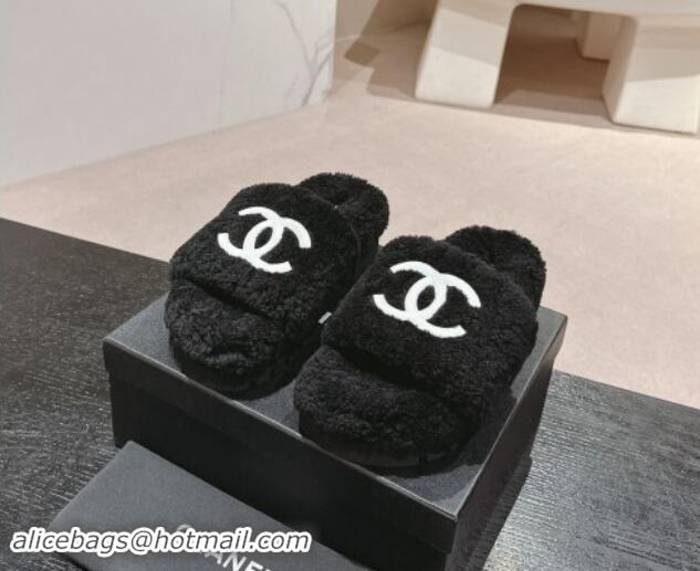 Luxury Cheap Chanel Wool Fur Platform Slides Sandal Black 909127