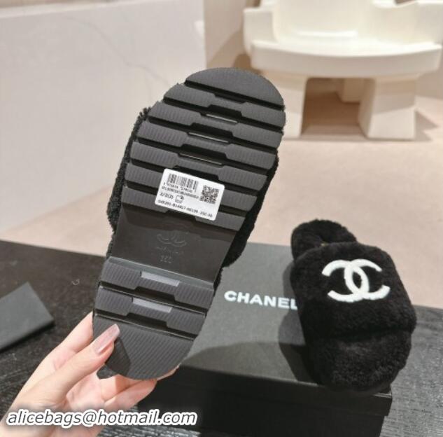 Luxury Cheap Chanel Wool Fur Platform Slides Sandal Black 909127