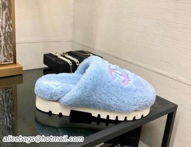 Most Popular Chanel Wool Fur Platform Mules Blue 909128