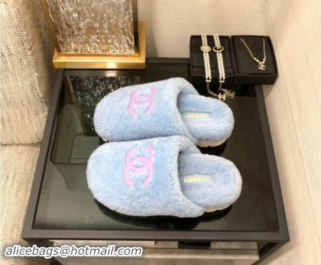 Most Popular Chanel Wool Fur Platform Mules Blue 909128