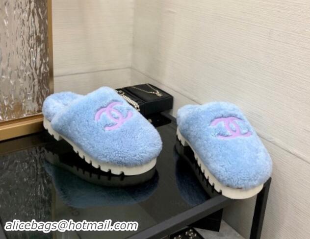 Most Popular Chanel Wool Fur Platform Mules Blue 909128