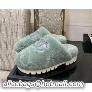 Buy Luxury Chanel Wool Fur Platform Mules Dusty Green 909129