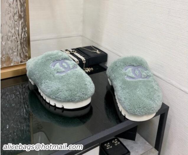 Buy Luxury Chanel Wool Fur Platform Mules Dusty Green 909129