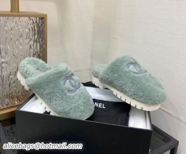 Buy Luxury Chanel Wool Fur Platform Mules Dusty Green 909129