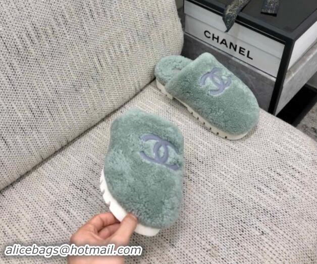 Buy Luxury Chanel Wool Fur Platform Mules Dusty Green 909129