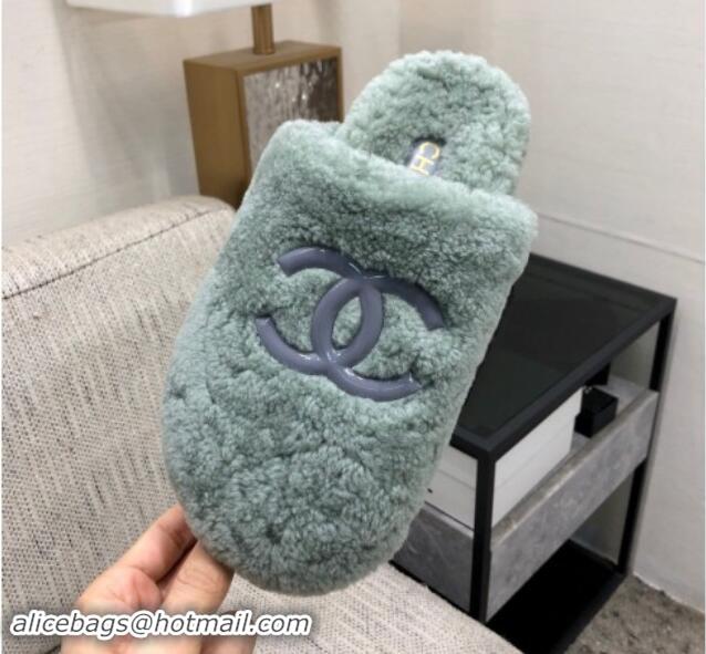 Buy Luxury Chanel Wool Fur Platform Mules Dusty Green 909129