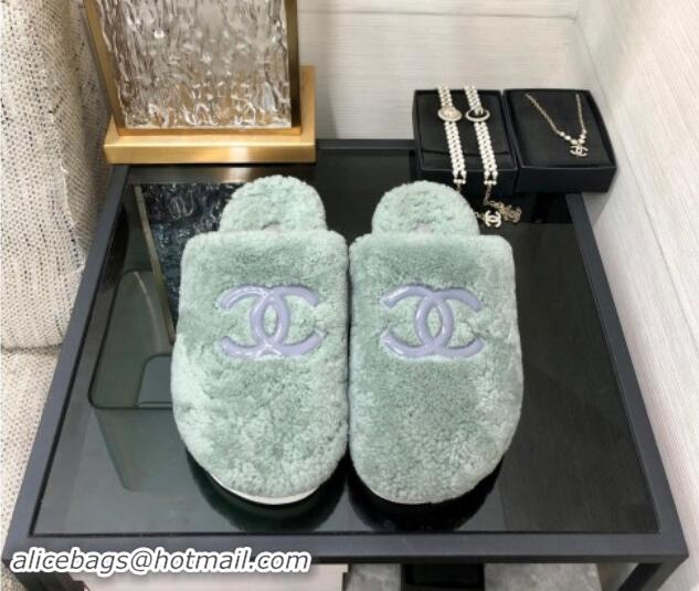 Buy Luxury Chanel Wool Fur Platform Mules Dusty Green 909129