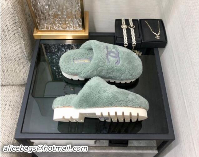 Buy Luxury Chanel Wool Fur Platform Mules Dusty Green 909129