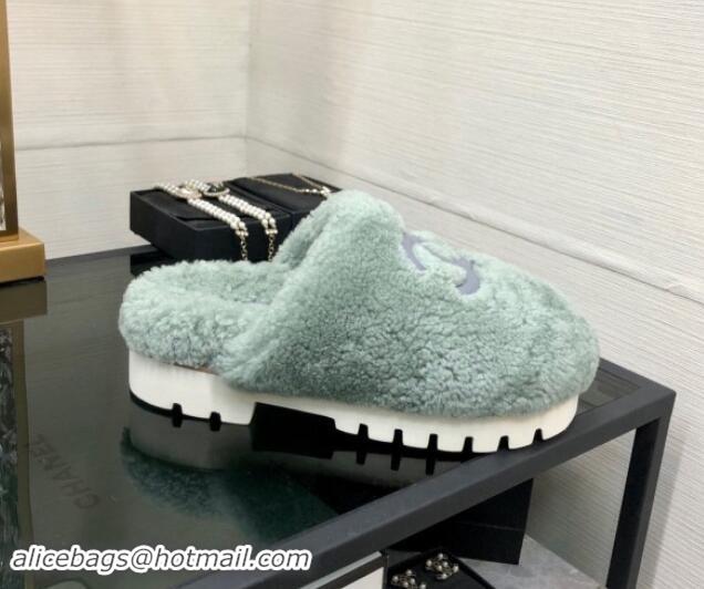 Buy Luxury Chanel Wool Fur Platform Mules Dusty Green 909129