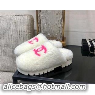 Best Price Chanel Wool Fur Platform Mules White 909130