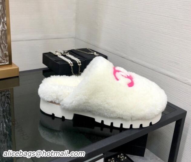 Best Price Chanel Wool Fur Platform Mules White 909130