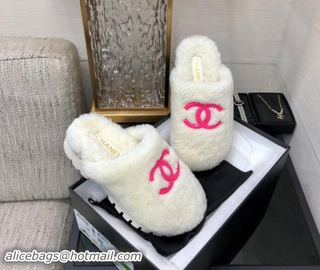 Best Price Chanel Wool Fur Platform Mules White 909130