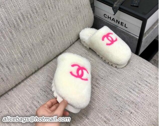 Best Price Chanel Wool Fur Platform Mules White 909130