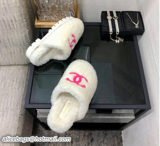 Best Price Chanel Wool Fur Platform Mules White 909130