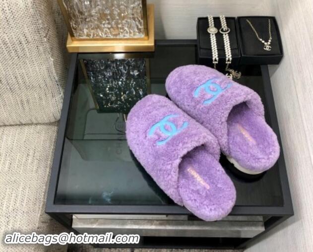 Luxury Discount Chanel Wool Fur Platform Mules Purple 909131