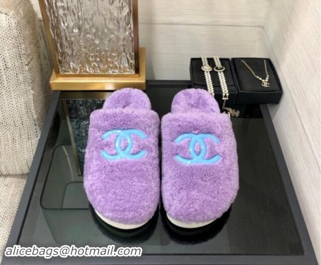 Luxury Discount Chanel Wool Fur Platform Mules Purple 909131