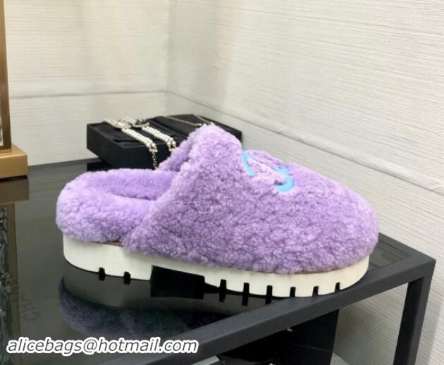 Luxury Discount Chanel Wool Fur Platform Mules Purple 909131