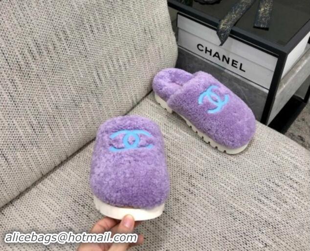 Luxury Discount Chanel Wool Fur Platform Mules Purple 909131