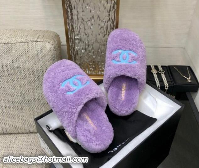 Luxury Discount Chanel Wool Fur Platform Mules Purple 909131