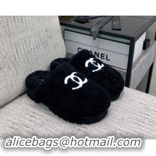 Good Quality Chanel Wool Fur Platform Mules Black 909132