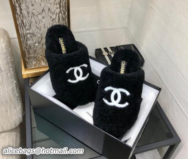 Good Quality Chanel Wool Fur Platform Mules Black 909132