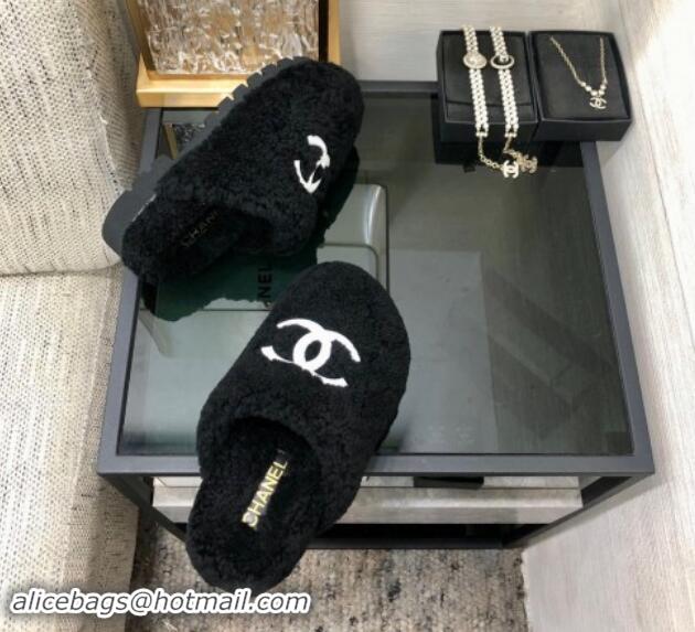 Good Quality Chanel Wool Fur Platform Mules Black 909132