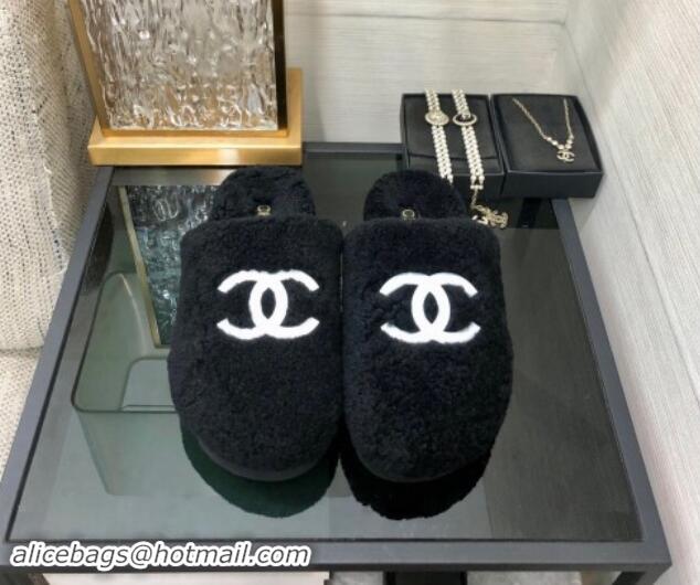 Good Quality Chanel Wool Fur Platform Mules Black 909132