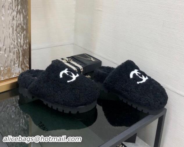 Good Quality Chanel Wool Fur Platform Mules Black 909132