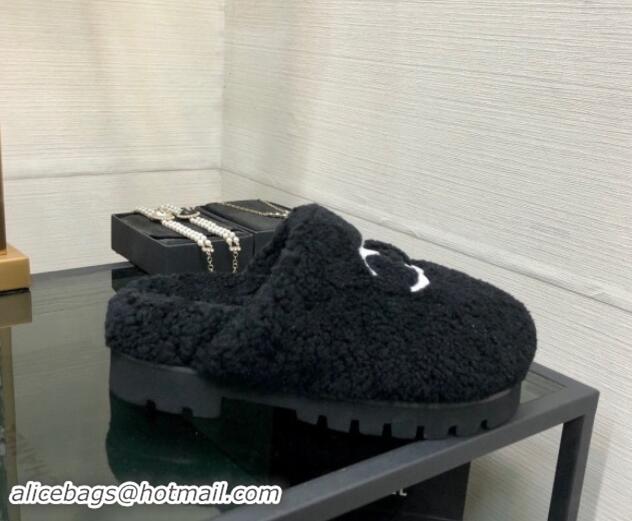 Good Quality Chanel Wool Fur Platform Mules Black 909132