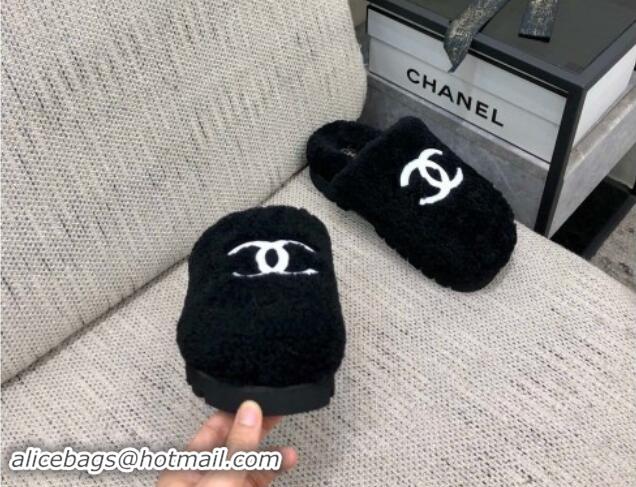 Good Quality Chanel Wool Fur Platform Mules Black 909132