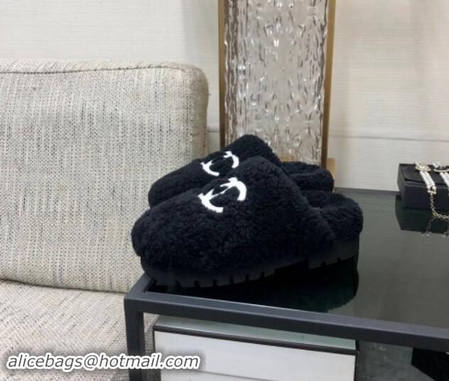 Good Quality Chanel Wool Fur Platform Mules Black 909132